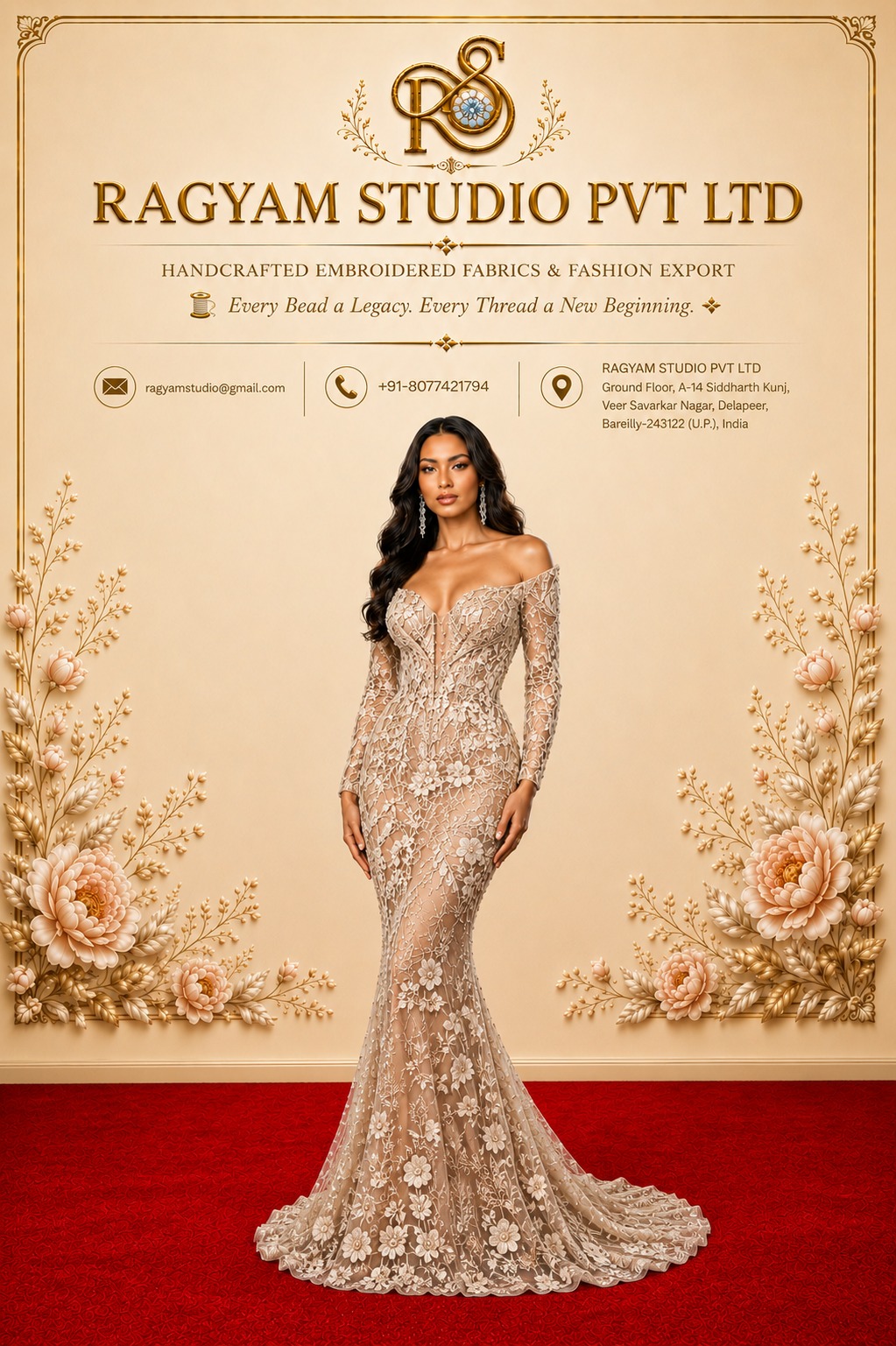 Red beaded evening gown, luxury fashion gown manufacturer Bareilly